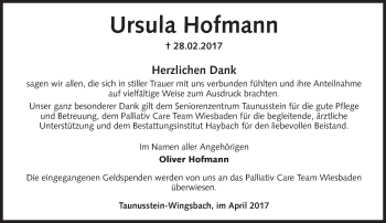 Traueranzeige von Ursula Hofmann von Trauerportal Rhein Main Presse