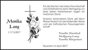 Traueranzeige von Monika Lang von Trauerportal Rhein Main Presse
