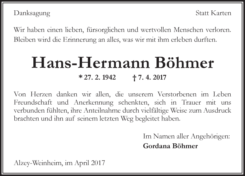  Traueranzeige für Hans-Hermann Böhmer vom 22.04.2017 aus Trauerportal Rhein Main Presse