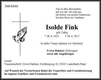 Traueranzeige von Isolde Fink von VRM Trauer