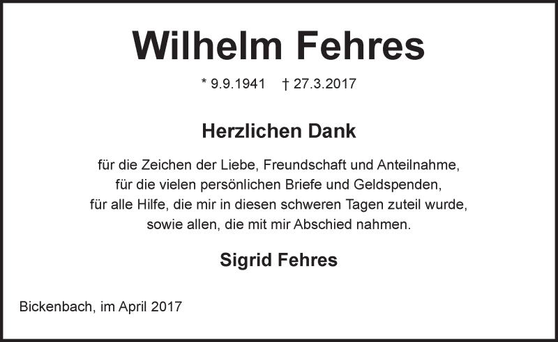  Traueranzeige für Wilhelm Fehres vom 22.04.2017 aus Trauerportal Echo Online