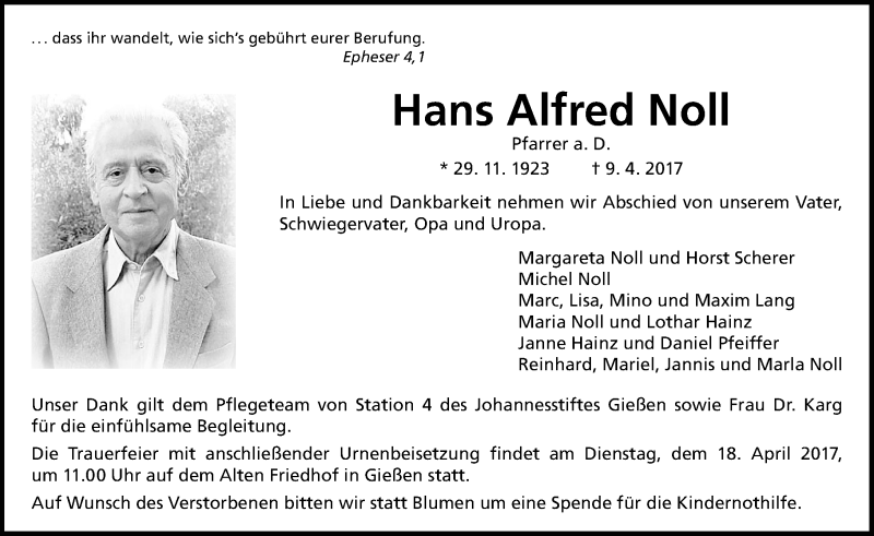  Traueranzeige für Hans Alfred Noll vom 15.04.2017 aus  Gießener Anzeiger