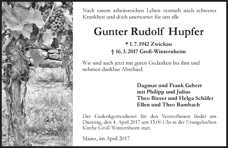  Traueranzeige für Gunter Rudolf Hupfer vom 01.04.2017 aus Trauerportal Rhein Main Presse