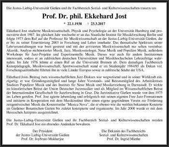 Traueranzeige von Ekkehard Jost von  Gießener Anzeiger