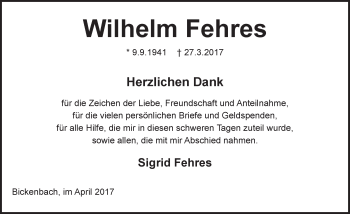 Traueranzeige von Wilhelm Fehres von Trauerportal Echo Online