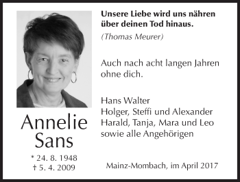 Traueranzeige von Annelie Sans von Trauerportal Rhein Main Presse