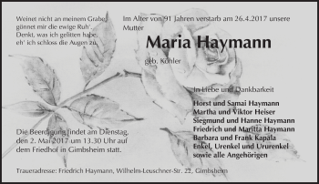Traueranzeige von Maria Haymann von Trauerportal Rhein Main Presse