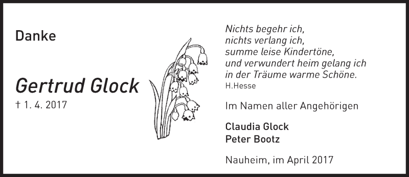  Traueranzeige für Gertrud Glock vom 29.04.2017 aus Trauerportal Echo Online