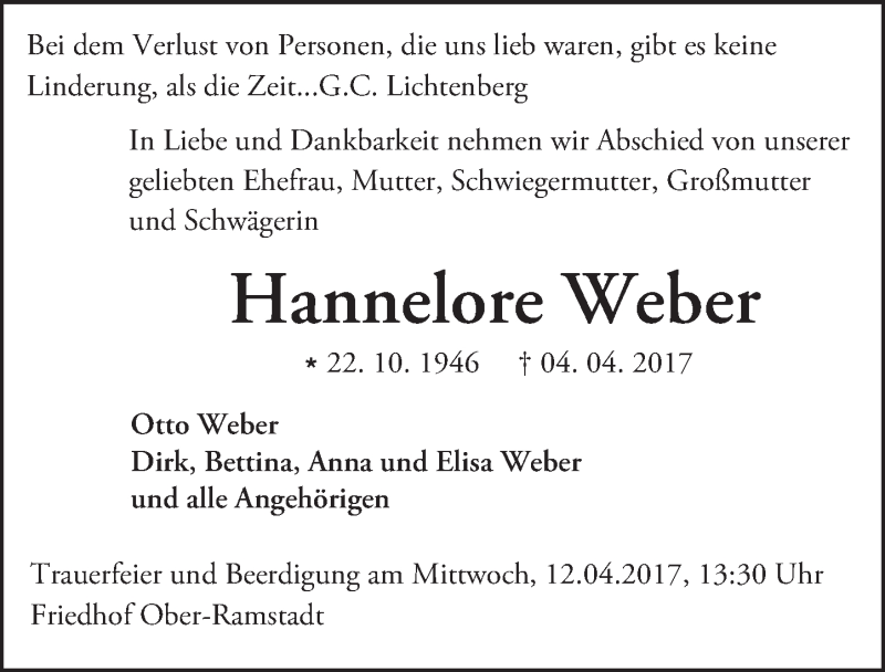  Traueranzeige für Hannelore Weber vom 08.04.2017 aus Trauerportal Echo Online