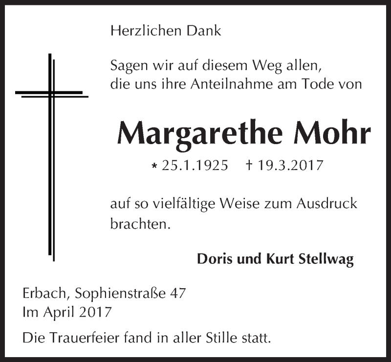  Traueranzeige für Margarethe Mohr vom 08.04.2017 aus Trauerportal Echo Online