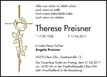 Traueranzeige von Therese Preisner von Trauerportal Rhein Main Presse