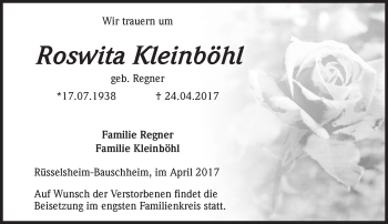 Traueranzeige von Roswitha Kleinböhl von Trauerportal Rhein Main Presse