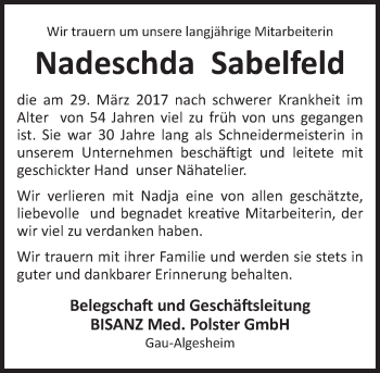 Traueranzeige von Nadeschda Sabelfeld von Trauerportal Rhein Main Presse