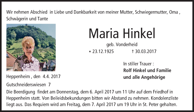  Traueranzeige für Maria Hinkel vom 04.04.2017 aus Trauerportal Echo Online