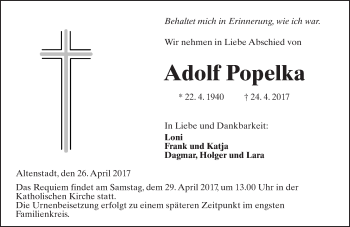 Traueranzeige von Adolf Popelka von  Kreisanzeiger