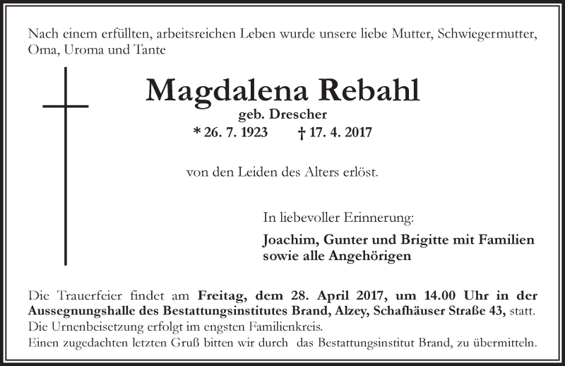  Traueranzeige für Magdalena Rebahl vom 22.04.2017 aus Trauerportal Rhein Main Presse