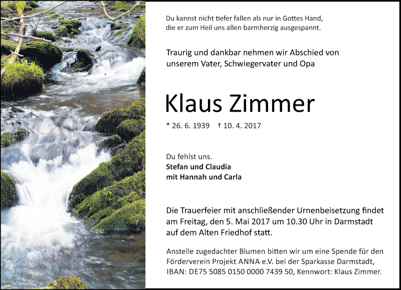  Traueranzeige für Klaus Zimmer vom 15.04.2017 aus Trauerportal Echo Online