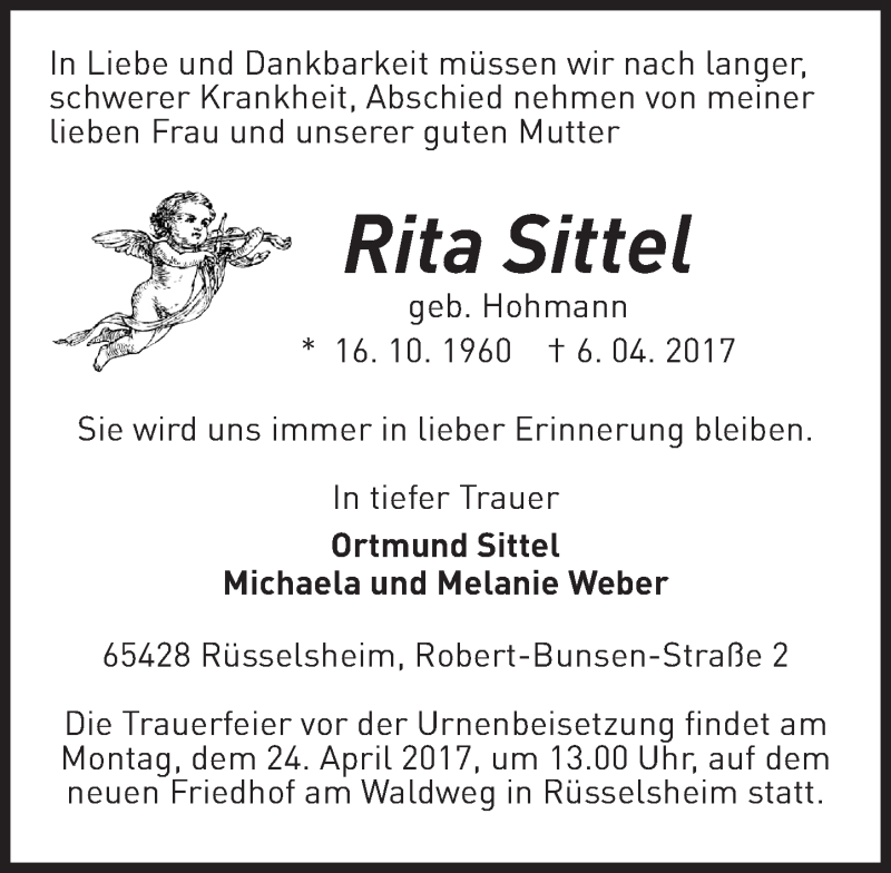  Traueranzeige für Rita Sittel vom 20.04.2017 aus Trauerportal Rhein Main Presse