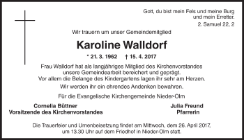 Traueranzeige von Karoline Walldorf von Trauerportal Rhein Main Presse