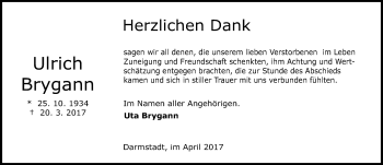 Traueranzeige von Ulrich Brygann von Trauerportal Echo Online