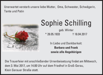 Traueranzeige von Sophie Schilling von Trauerportal Echo Online