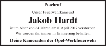 Traueranzeige von Jakob Hardt von Trauerportal Rhein Main Presse
