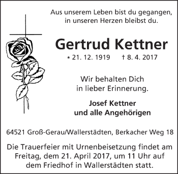 Traueranzeige von Gertrud Kettner von Trauerportal Echo Online