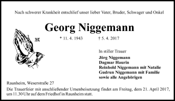 Traueranzeige von Georg Niggemann von Trauerportal Rhein Main Presse