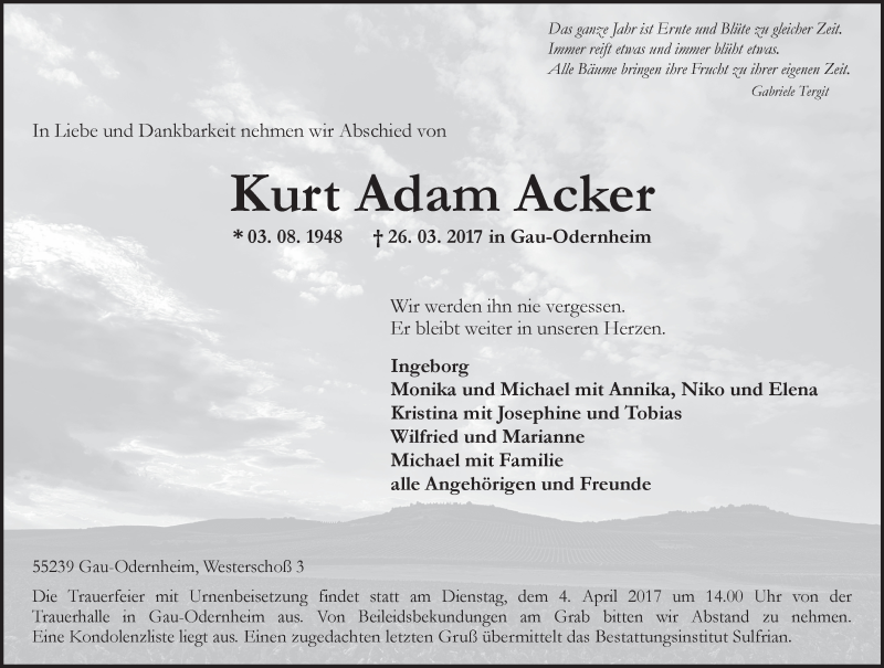  Traueranzeige für Kurt Adam Acker vom 01.04.2017 aus Trauerportal Rhein Main Presse