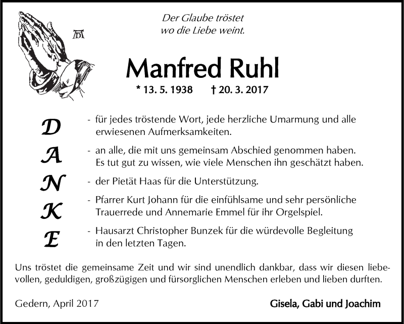  Traueranzeige für Manfred Ruhl vom 15.04.2017 aus  Kreisanzeiger