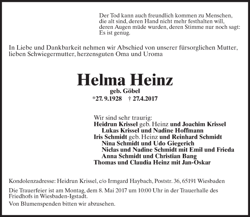  Traueranzeige für Helma Heinz vom 29.04.2017 aus Trauerportal Rhein Main Presse
