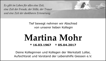 Traueranzeige von Martina Mohr von  Gießener Anzeiger