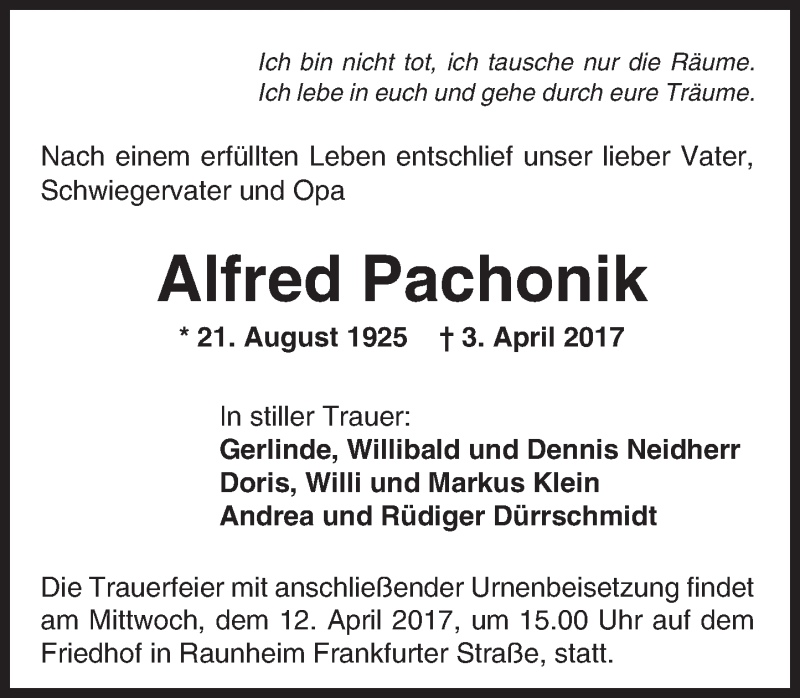  Traueranzeige für Alfred Pachonik vom 08.04.2017 aus Trauerportal Rhein Main Presse