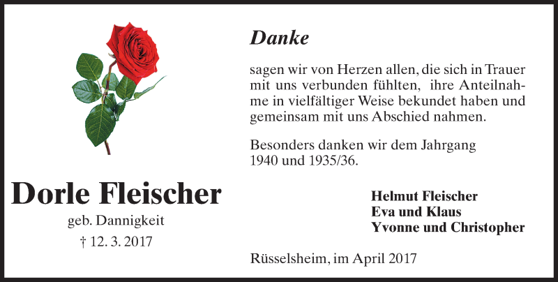  Traueranzeige für Dorle Fleischer vom 08.04.2017 aus Trauerportal Rhein Main Presse