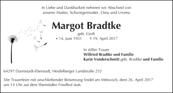 Traueranzeige von Margot Bradtke von Trauerportal Echo Online