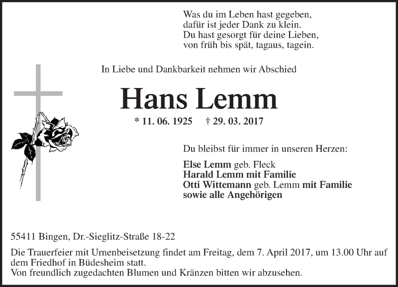  Traueranzeige für Hans Lemm vom 01.04.2017 aus Trauerportal Rhein Main Presse