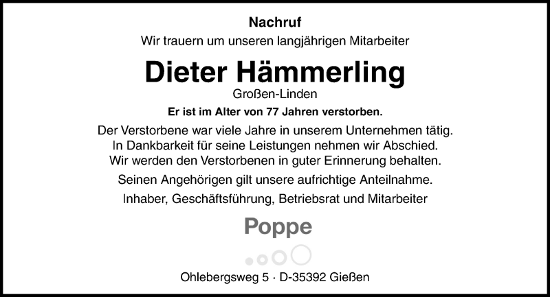  Traueranzeige für Dieter Hämmerling vom 04.04.2017 aus  Gießener Anzeiger