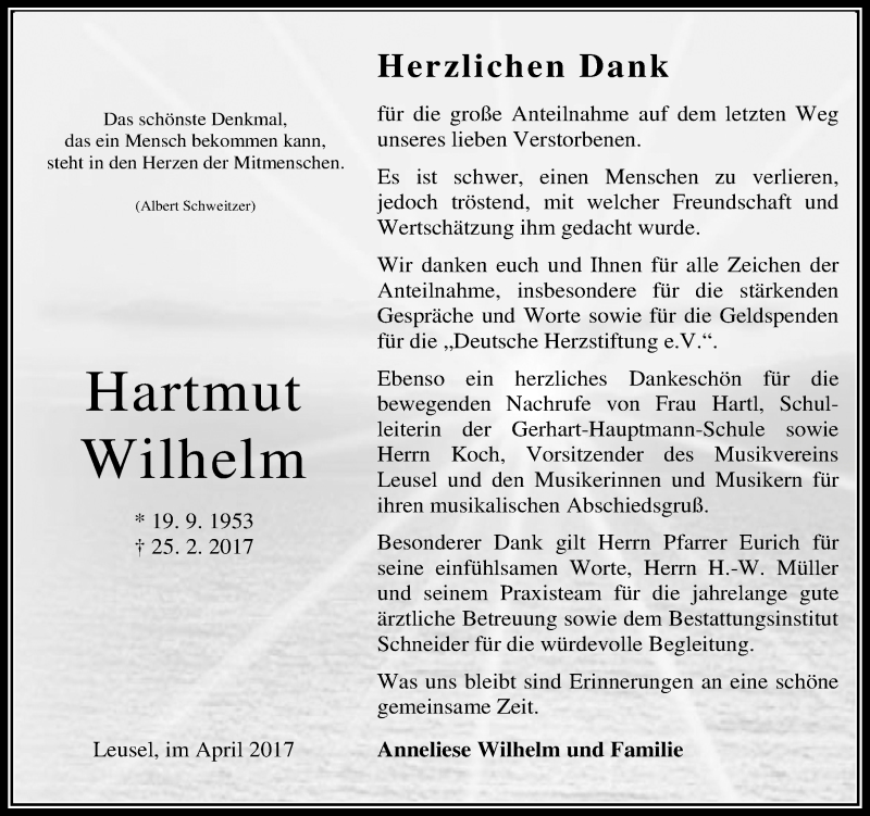  Traueranzeige für Hartmut Wilhelm vom 08.04.2017 aus VRM Trauer