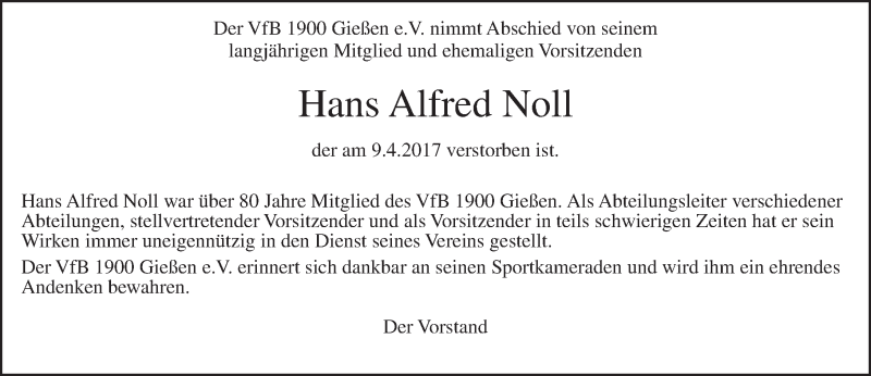  Traueranzeige für Hans Alfred Noll vom 22.04.2017 aus  Gießener Anzeiger