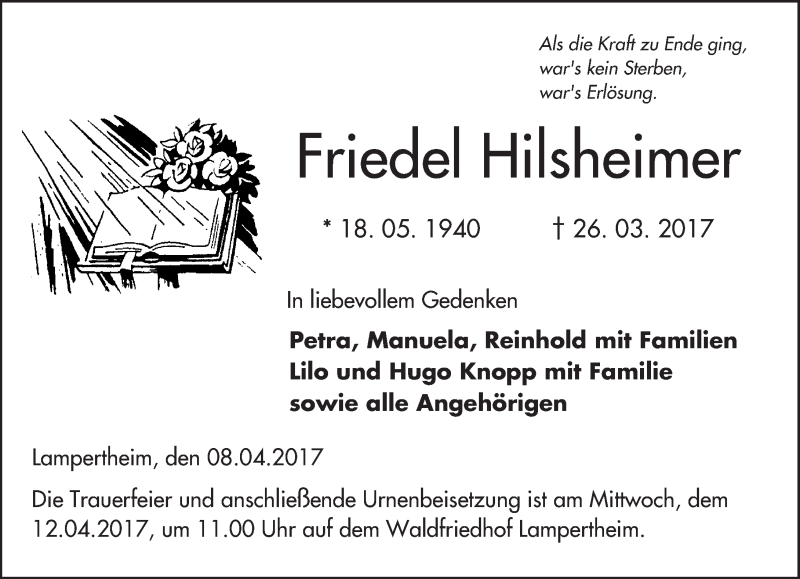  Traueranzeige für Friedel Hilsheimer vom 08.04.2017 aus Trauerportal Echo Online