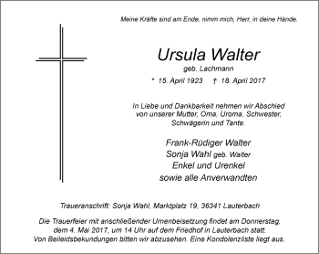 Traueranzeige von Ursula Walter von VRM Trauer