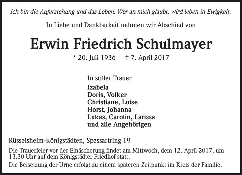  Traueranzeige für Erwin Friedrich Schulmayer vom 11.04.2017 aus Trauerportal Rhein Main Presse