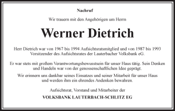 Traueranzeige von Werner Dietrich von VRM Trauer