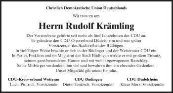 Traueranzeige von Rudolf Krämling von  Kreisanzeiger