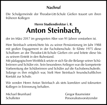 Traueranzeige von Anton Steinbach von  Gießener Anzeiger