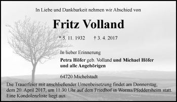 Traueranzeige von Fritz Volland von Trauerportal Echo Online