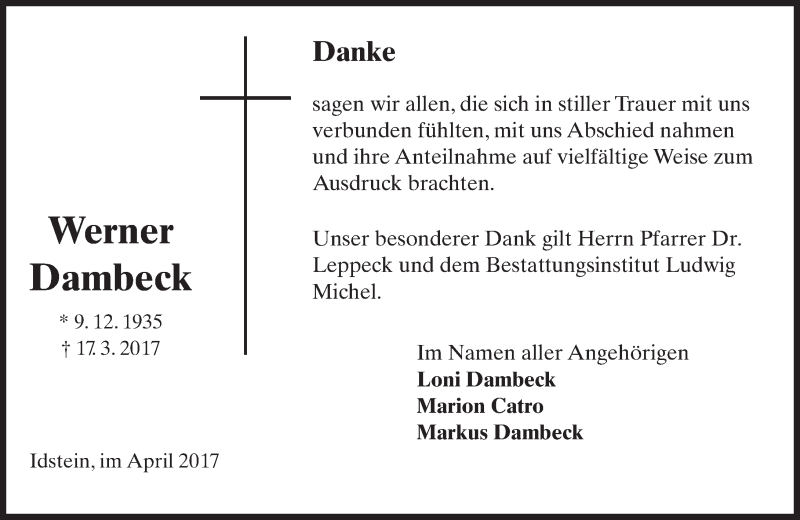  Traueranzeige für Werner Dambeck vom 15.04.2017 aus Trauerportal Rhein Main Presse