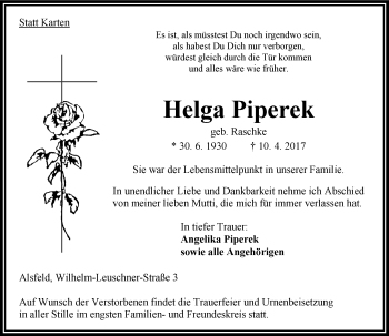 Traueranzeige von Helga Piperek von VRM Trauer