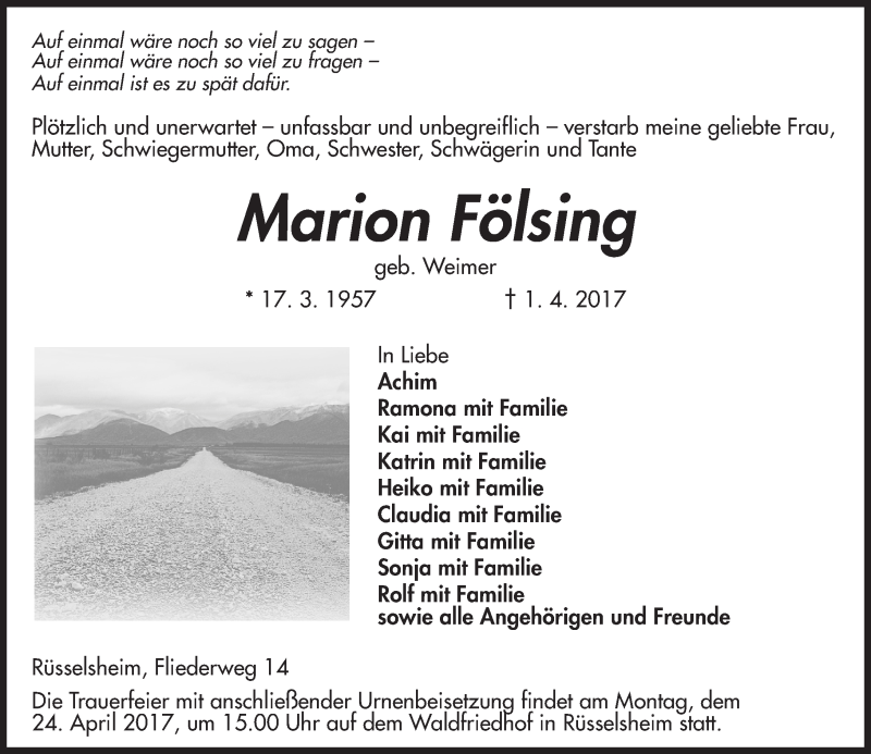  Traueranzeige für Marion Fölsing vom 08.04.2017 aus Trauerportal Rhein Main Presse
