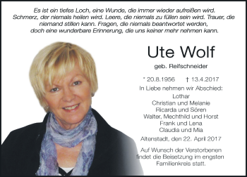 Traueranzeige von Ute Wolf von  Kreisanzeiger